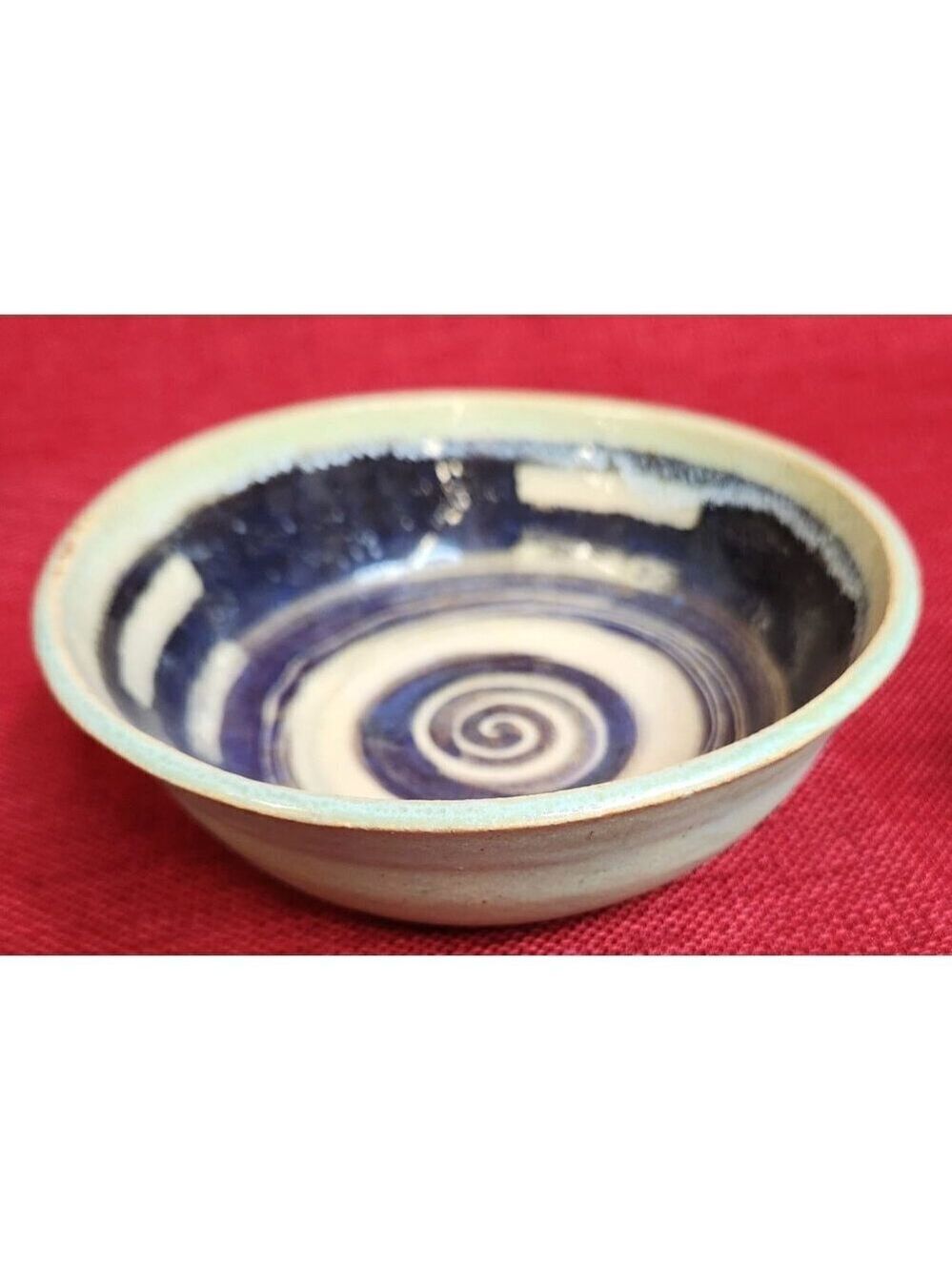 Handmade Ceramic Glazed Bowl By Frances H With Blue Swirl Design 6" - Picture 5 of 5